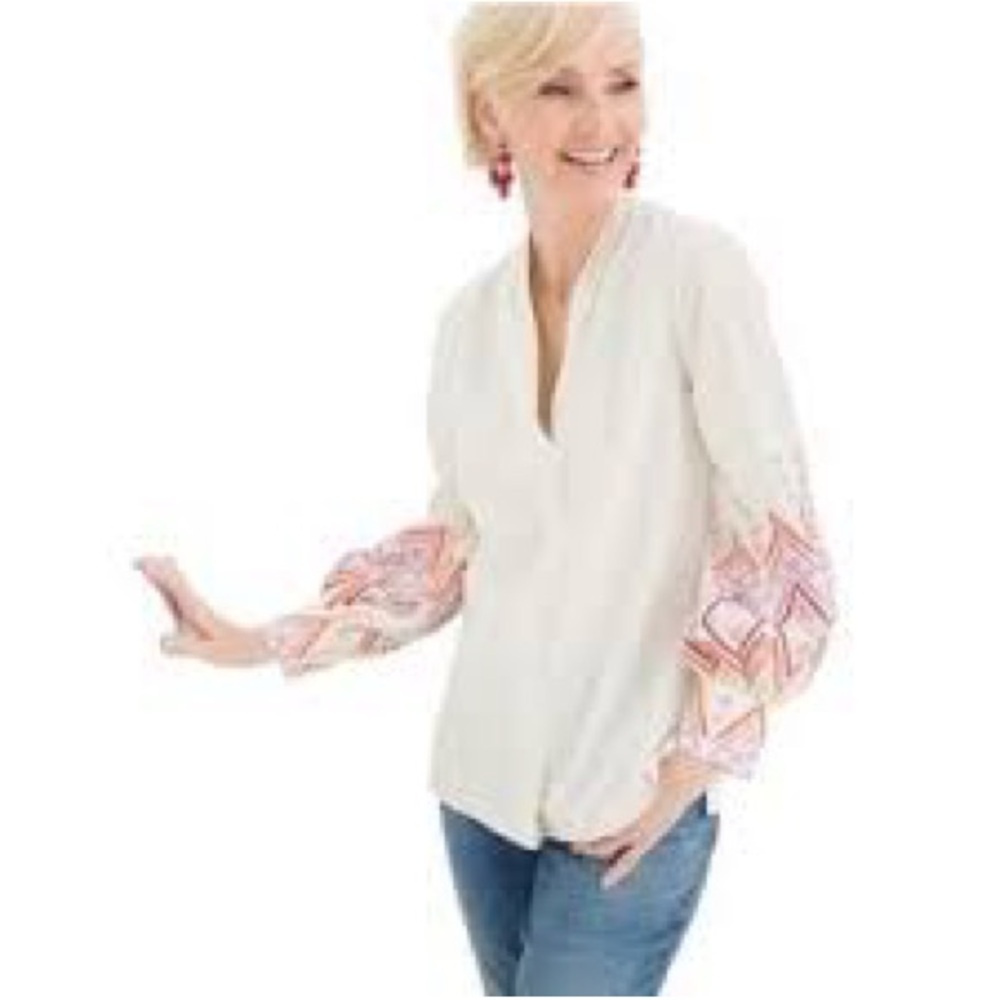 NWT Chico's Cream Blouse with Pink Embroidered Balloon Sleeves Size XL